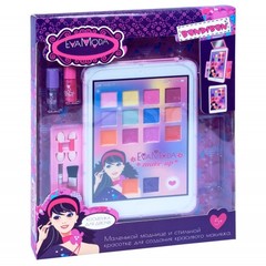Набор детской декор. косметики Bondibon Eva Moda, BOX 29х23х3 см; косметичка-планшет, тени для век 11 оттенков (8,3г), блеск для губ 6 оттенков (4,2г), лак для ногтей 2 оттенка (8г), кисточка 2шт., аппликатор 2 шт., арт. 77102A.