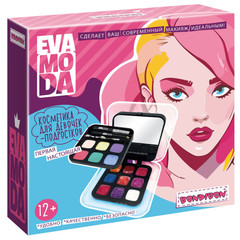 Набор детской декор. косметики Bondibon Eva Moda, BOX 14х14х4,5 см; тени для век-4шт.(3,84г), блеск для губ-9шт.(6,48г), румяна-2шт.(1,92г), тушь-1шт.(1,6г), косметический карандаш-1шт.(0,56г), аппликатор-2шт., зеркало-2шт.,арт.8295-2.